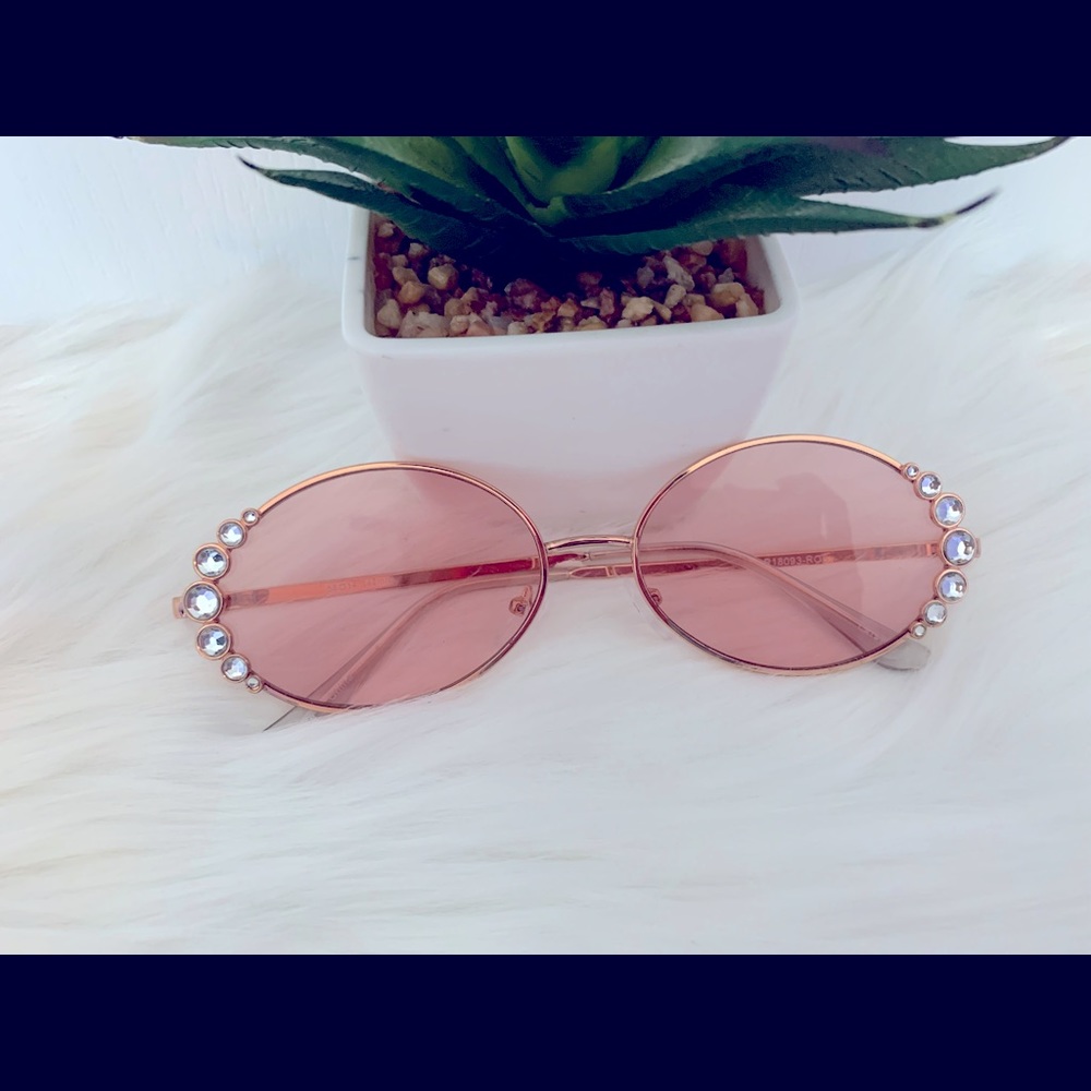 Rose Gold Rhinestone Studded Sunglasses W/ Pink Lenses